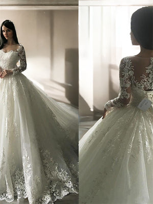 Ball-Gown Scoop Long Sleeves Appliques Lace Court Train Tulle Wedding Dress