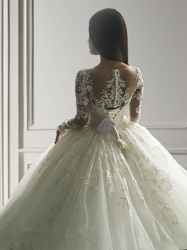 Ball-Gown Scoop Long Sleeves Appliques Lace Court Train Tulle Wedding Dress
