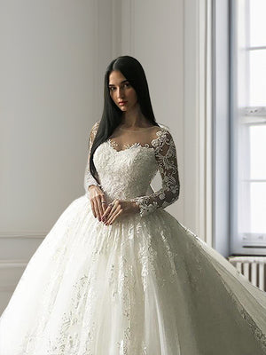 Ball-Gown Scoop Long Sleeves Appliques Lace Court Train Tulle Wedding Dress