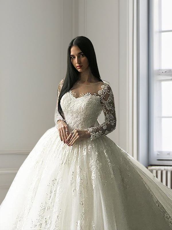 Ball-Gown Scoop Long Sleeves Appliques Lace Court Train Tulle Wedding Dress