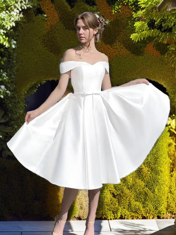 A-line Off-the-Shoulder Bow Knee-Length Satin Wedding Dress