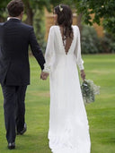 A-line V-neck Long Sleeves Appliques Lace Sweep Train Chiffon Wedding Dress