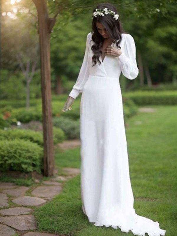 A-line V-neck Long Sleeves Appliques Lace Sweep Train Chiffon Wedding Dress