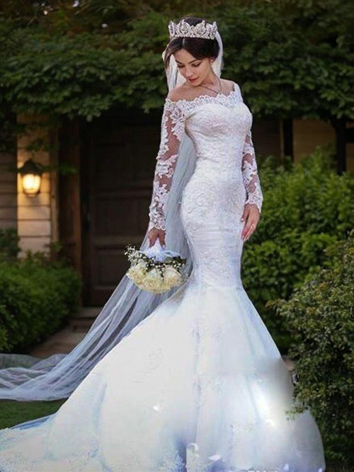 Mermaid Off-the-Shoulder Long Sleeves Appliques Lace Sweep Train Tulle Wedding Dress
