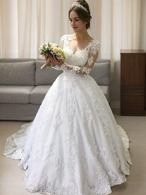 Ball-Gown V-neck Long Sleeves Appliques Lace Sweep Train Satin Wedding Dress