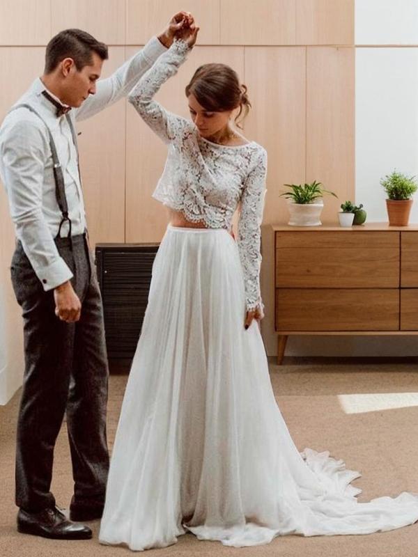 A-line Scoop Long Sleeves Appliques Lace Sweep Train 30D Chiffon Wedding Dress