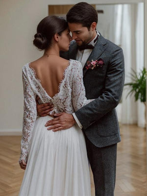A-line Scoop Long Sleeves Appliques Lace Sweep Train 30D Chiffon Wedding Dress
