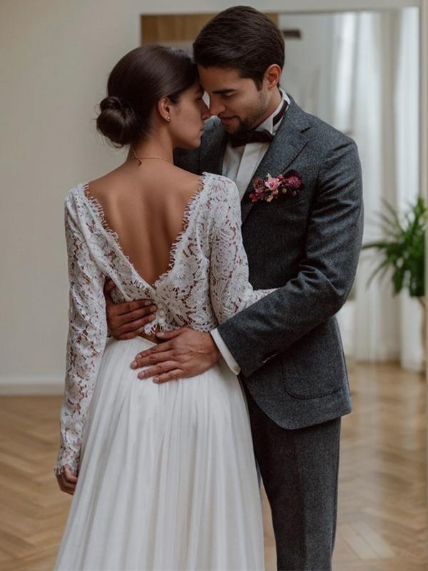 A-line Scoop Long Sleeves Appliques Lace Sweep Train 30D Chiffon Wedding Dress