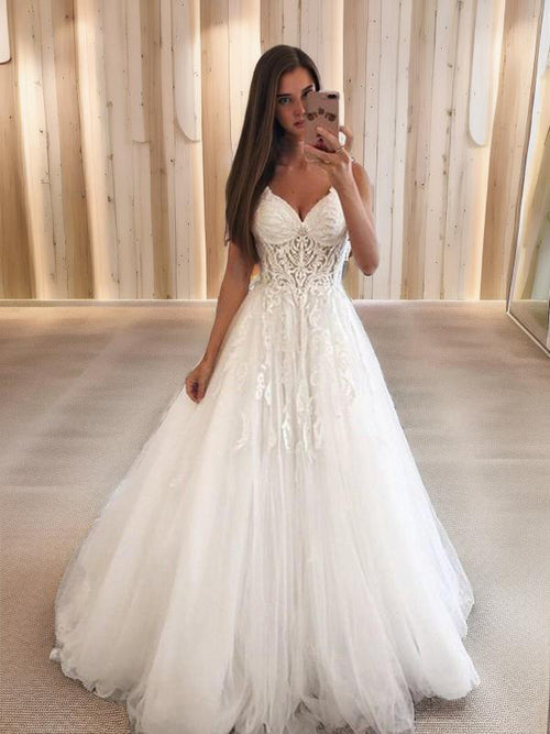 A-line Sweetheart Appliques Lace Floor-Length Tulle Wedding Dress