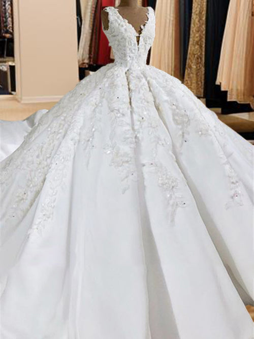 Ball-Gown V-neck Appliques Lace Chapel Train Satin Wedding Dress