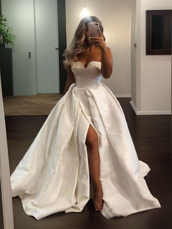 A-line Sweetheart Ruffles Sweep Train Satin Wedding Dress