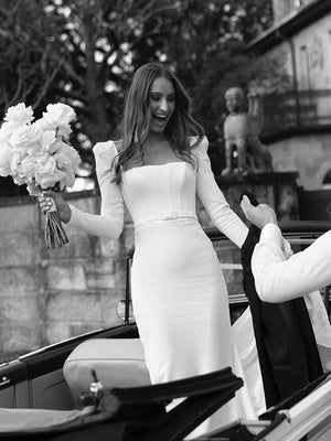 Sheath Square Long Sleeves Sweep Train Stretch Crepe Corset Wedding Dress