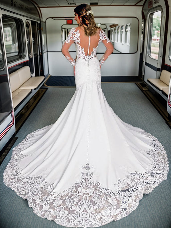 Mermaid Scoop Long Sleeves Appliques Lace Cathedral Train Stretch Crepe Wedding Dress