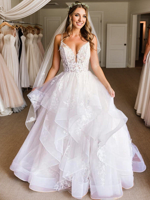A-line V-neck Appliques Lace Floor-Length Tulle Wedding Dress
