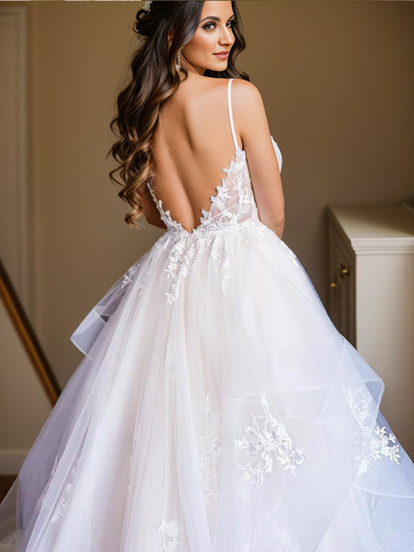 A-line V-neck Appliques Lace Floor-Length Tulle Wedding Dress