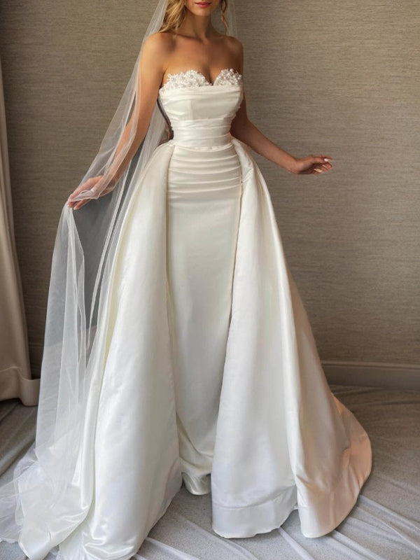 Sheath Sweetheart Beading Floor-Length Satin Convertible Wedding Dress