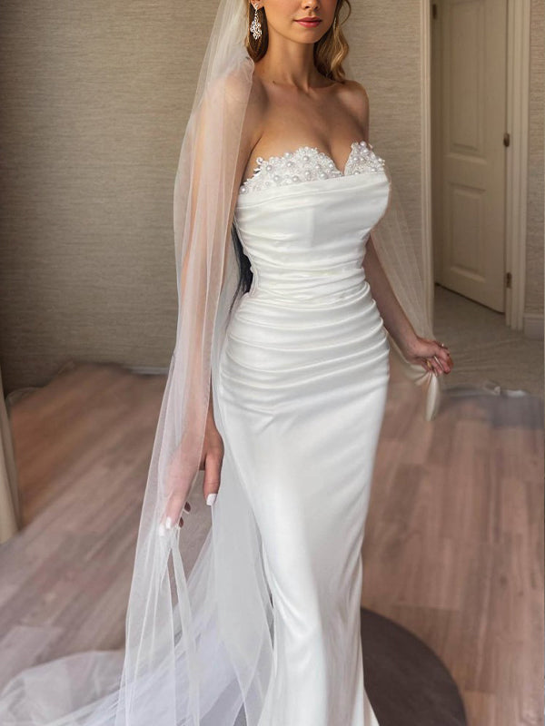 Sheath Sweetheart Beading Floor-Length Satin Convertible Wedding Dress