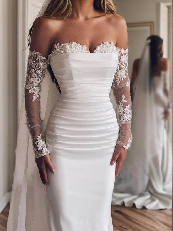 Sheath Sweetheart Beading Floor-Length Satin Convertible Wedding Dress