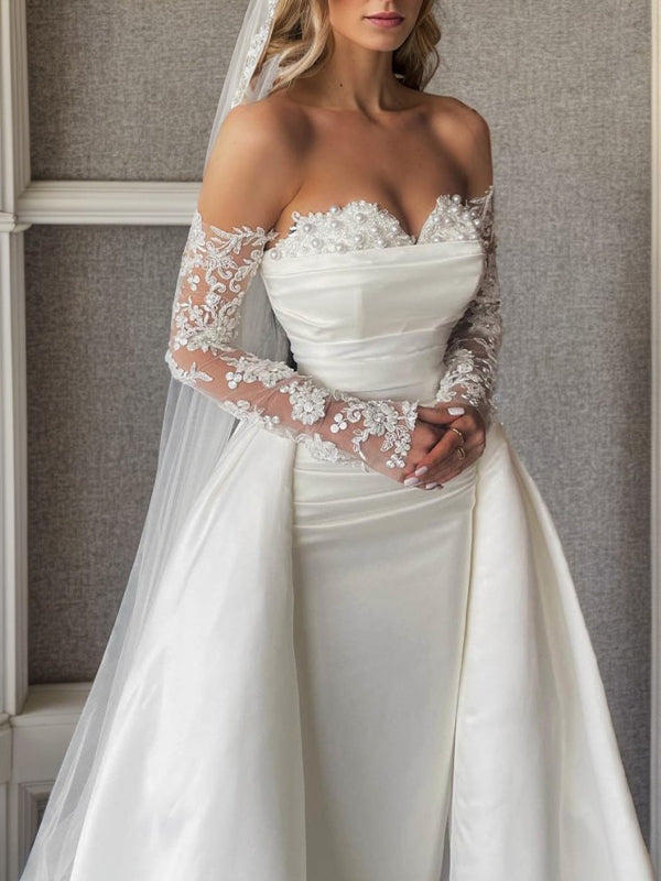 Sheath Sweetheart Beading Floor-Length Satin Convertible Wedding Dress