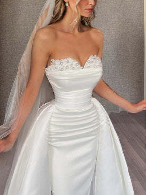 Sheath Sweetheart Beading Floor-Length Satin Convertible Wedding Dress
