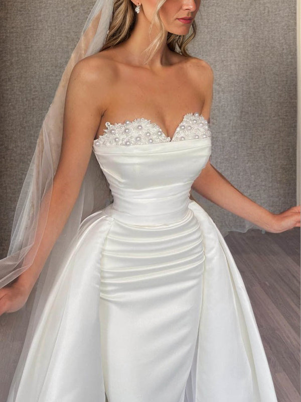 Sheath Sweetheart Beading Floor-Length Satin Convertible Wedding Dress
