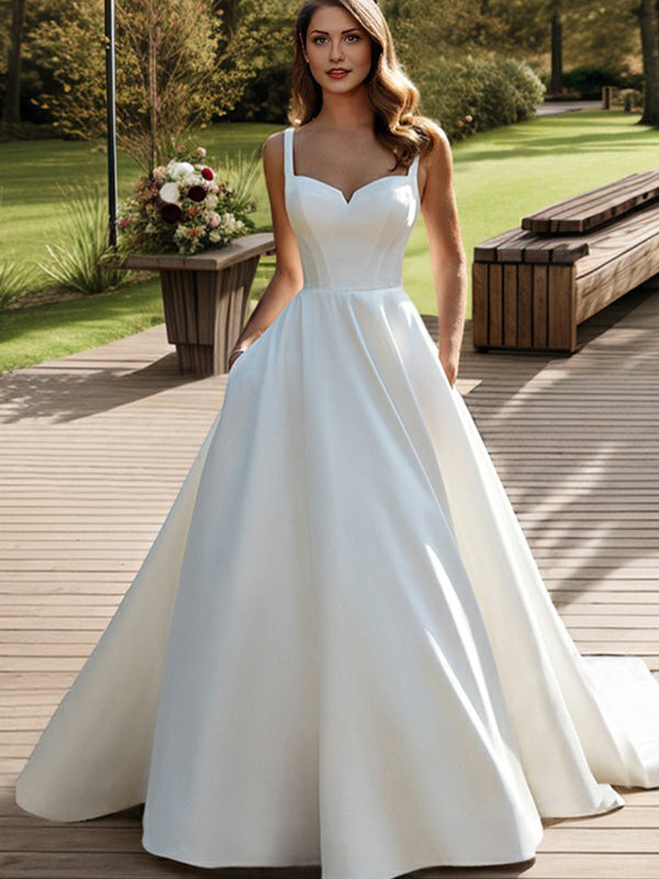 A-line Straps Court Train Satin Corset Wedding Dress