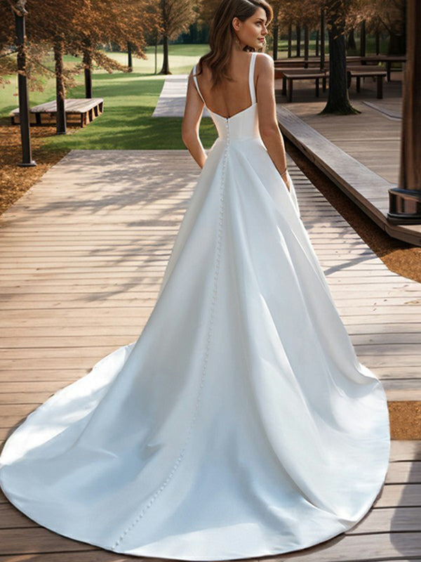 A-line Straps Court Train Satin Corset Wedding Dress