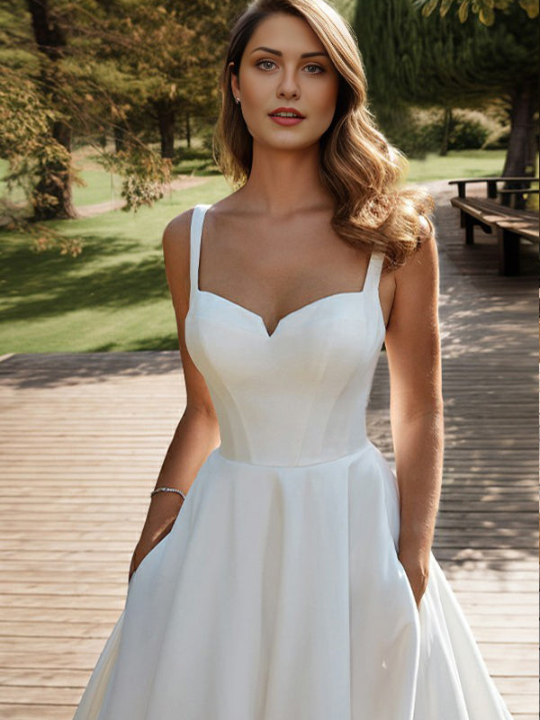 A-line Straps Court Train Satin Corset Wedding Dress