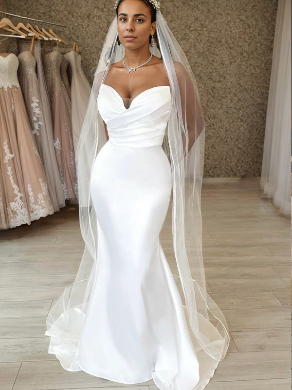 Sheath Sweetheart Pleated Sweep Train Satin Wedding Dress