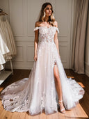 A-line Off-the-Shoulder Appliques Lace Chapel Train Tulle Corset Wedding Dress