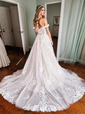 A-line Off-the-Shoulder Appliques Lace Chapel Train Tulle Corset Wedding Dress