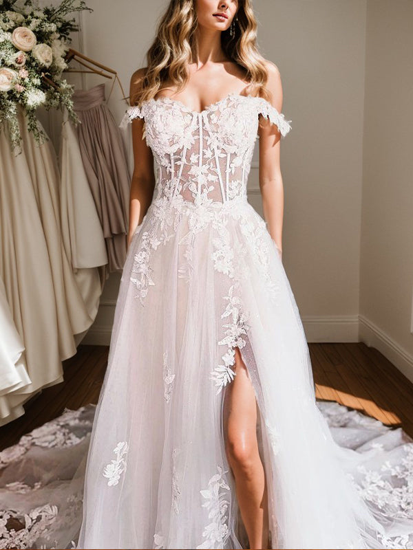 A-line Off-the-Shoulder Appliques Lace Chapel Train Tulle Corset Wedding Dress