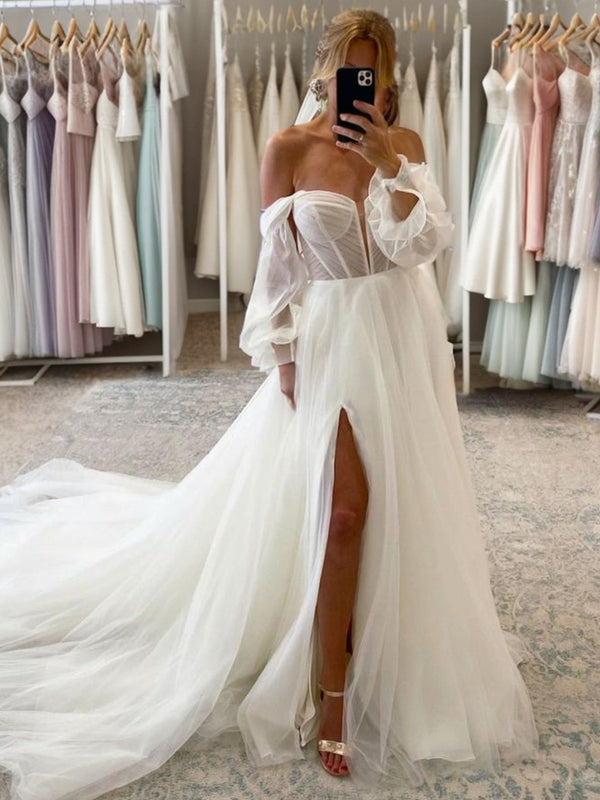 A-line Sweetheart Long Sleeves Chapel Train Tulle Corset Convertible Wedding Dress