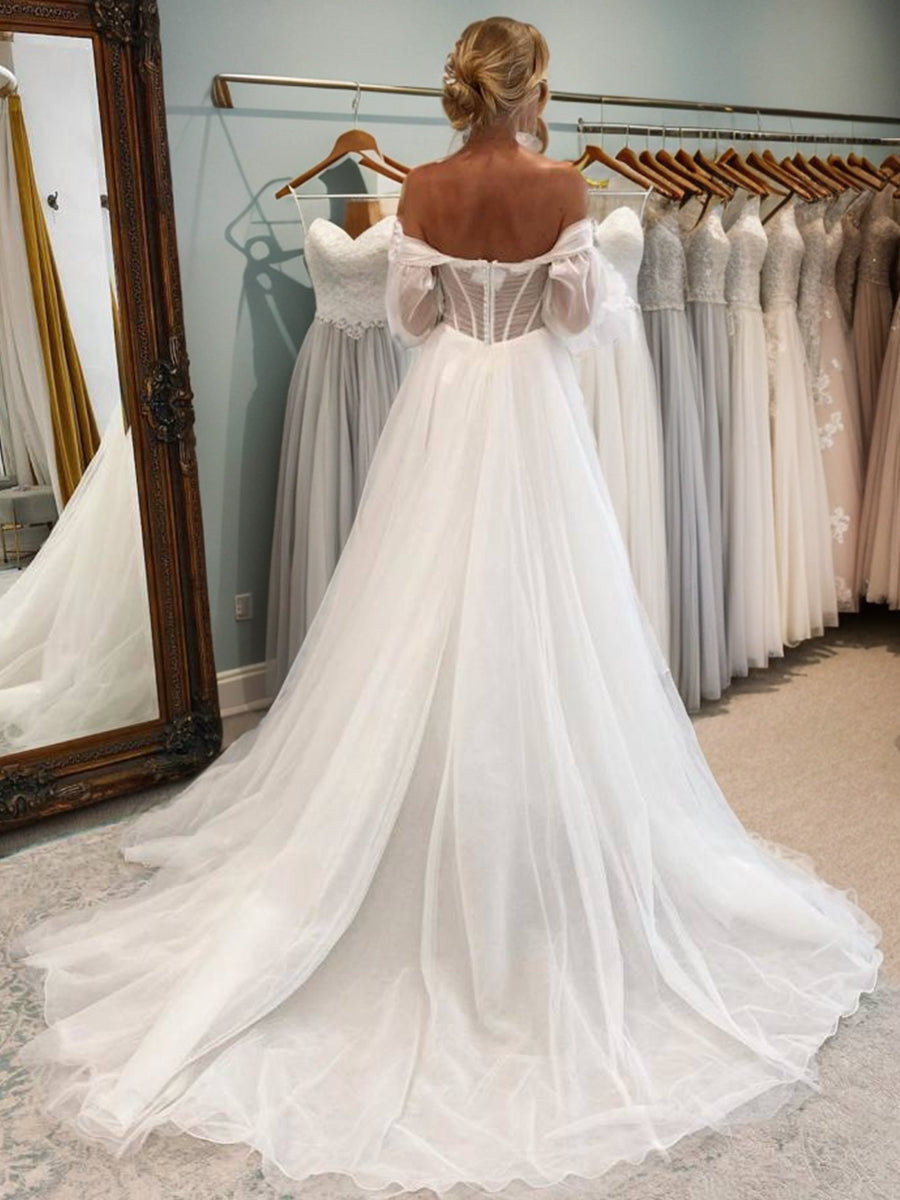 A-line Sweetheart Long Sleeves Chapel Train Tulle Corset Convertible Wedding Dress
