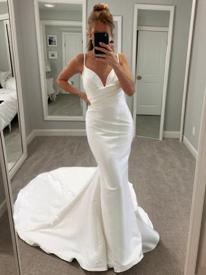 Sheath V-neck Pleated Chapel Train Satin Wedding Dress