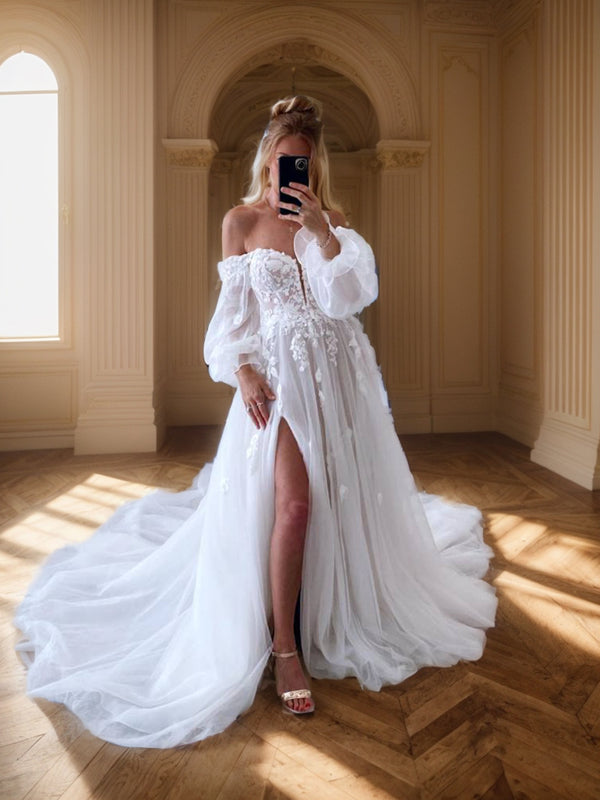 A-line Off-the-Shoulder Long Sleeves Appliques Lace Court Train Tulle Corset Wedding Dress