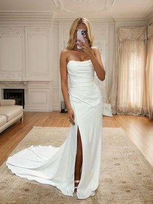 Sheath Straight Pleated Chapel Train Silk Like Satin Wedding Dress