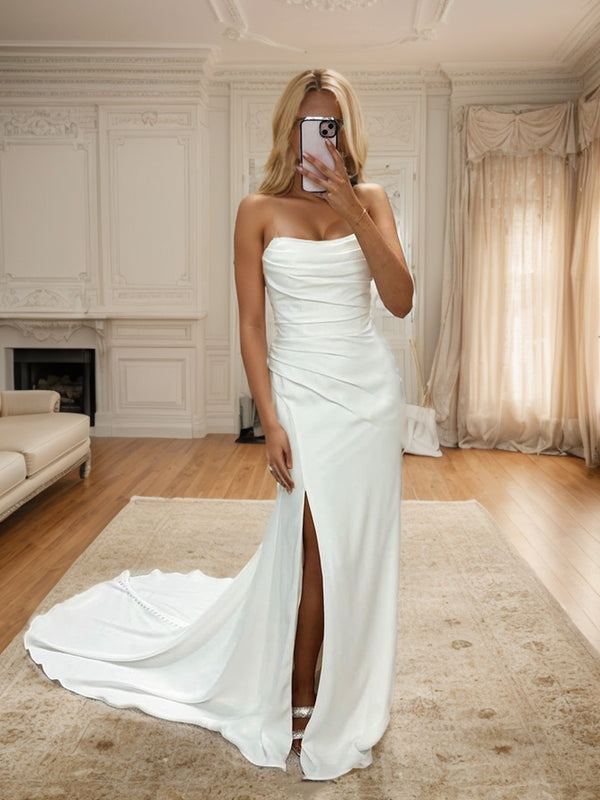 Sheath Straight Pleated Chapel Train Silk Like Satin Wedding Dress