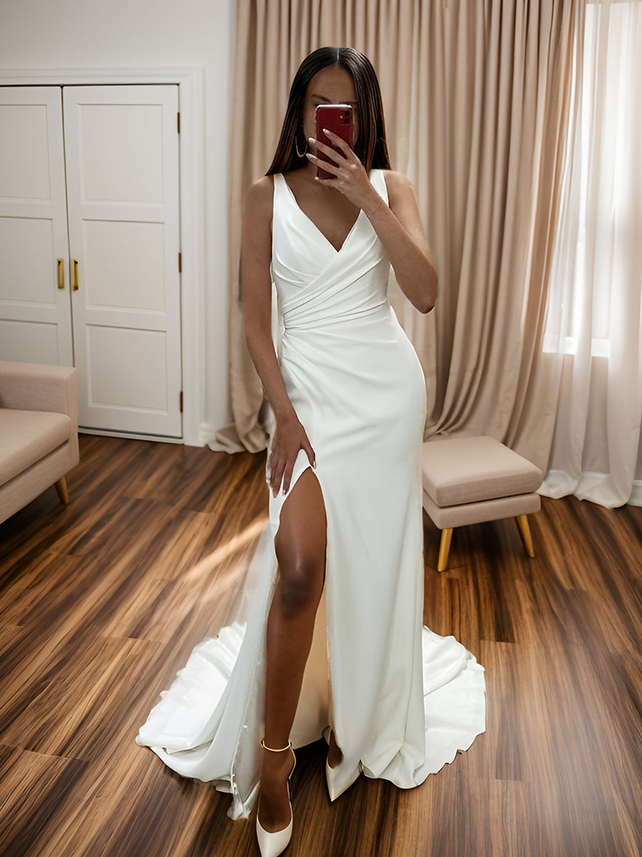 Sheath V-neck Pleated Court Train Charmeuse Wedding Dress