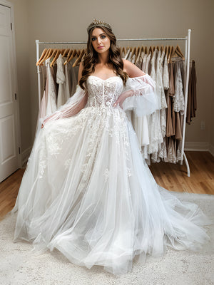 A-line Off-the-Shoulder Long Sleeves Appliques Lace Chapel Train Tulle Corset Wedding Dress