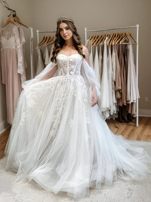 A-line Off-the-Shoulder Long Sleeves Appliques Lace Chapel Train Tulle Corset Wedding Dress