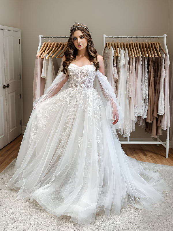 A-line Off-the-Shoulder Long Sleeves Appliques Lace Chapel Train Tulle Corset Wedding Dress