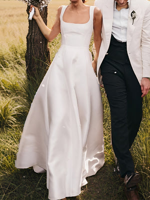 A-line Square Floor-Length Satin Wedding Dress
