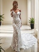 Sheath Off-the-Shoulder Long Sleeves Appliques Lace Cathedral Train Lace Wedding Dress