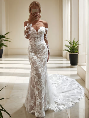Sheath Off-the-Shoulder Long Sleeves Appliques Lace Cathedral Train Lace Wedding Dress