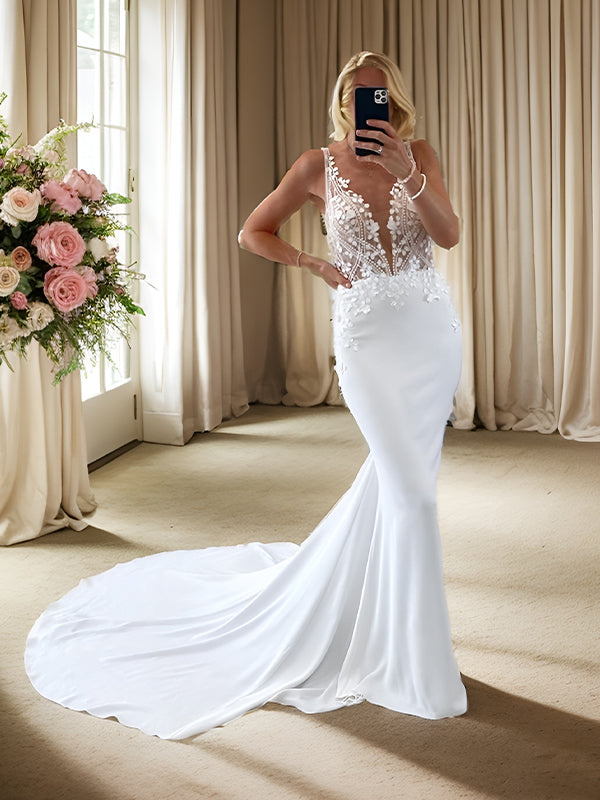 Sheath V-neck Appliques Lace Chapel Train Stretch Crepe Wedding Dress