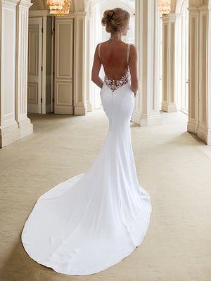 Sheath V-neck Appliques Lace Chapel Train Stretch Crepe Wedding Dress