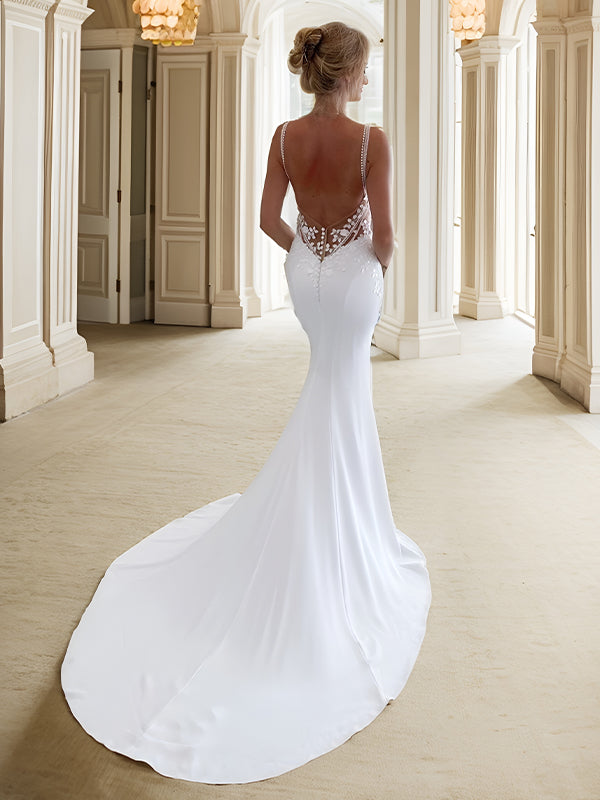 Sheath V-neck Appliques Lace Chapel Train Stretch Crepe Wedding Dress