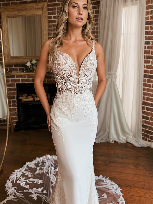 Sheath V-neck Appliques Lace Cathedral Train Stretch Crepe Wedding Dress
