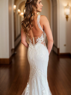 Sheath V-neck Appliques Lace Cathedral Train Stretch Crepe Wedding Dress